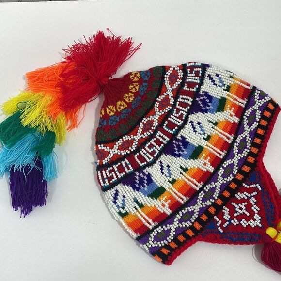 Colorful Andean Peruvian Knit Tassel Winter Hat Beaded Embroidered Boho main image 6